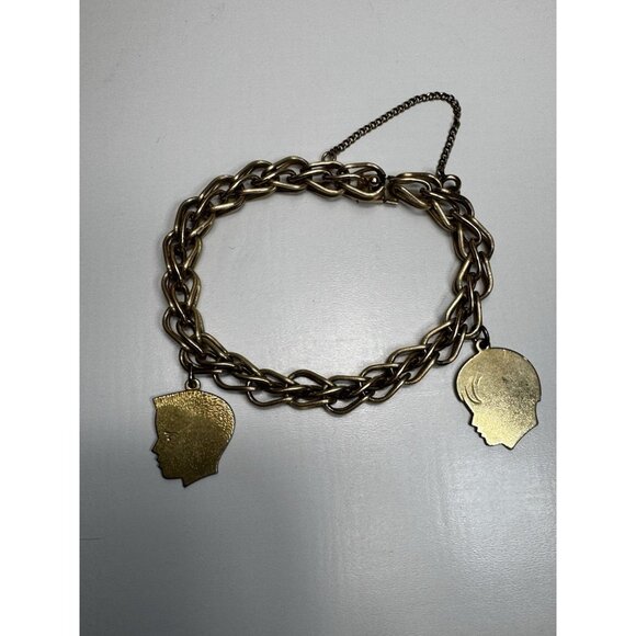 Vintage 12K Gold Filled Chain Bracelet Male Profile Charms Unmarked Retro 7” 50s - Picture 2 of 11